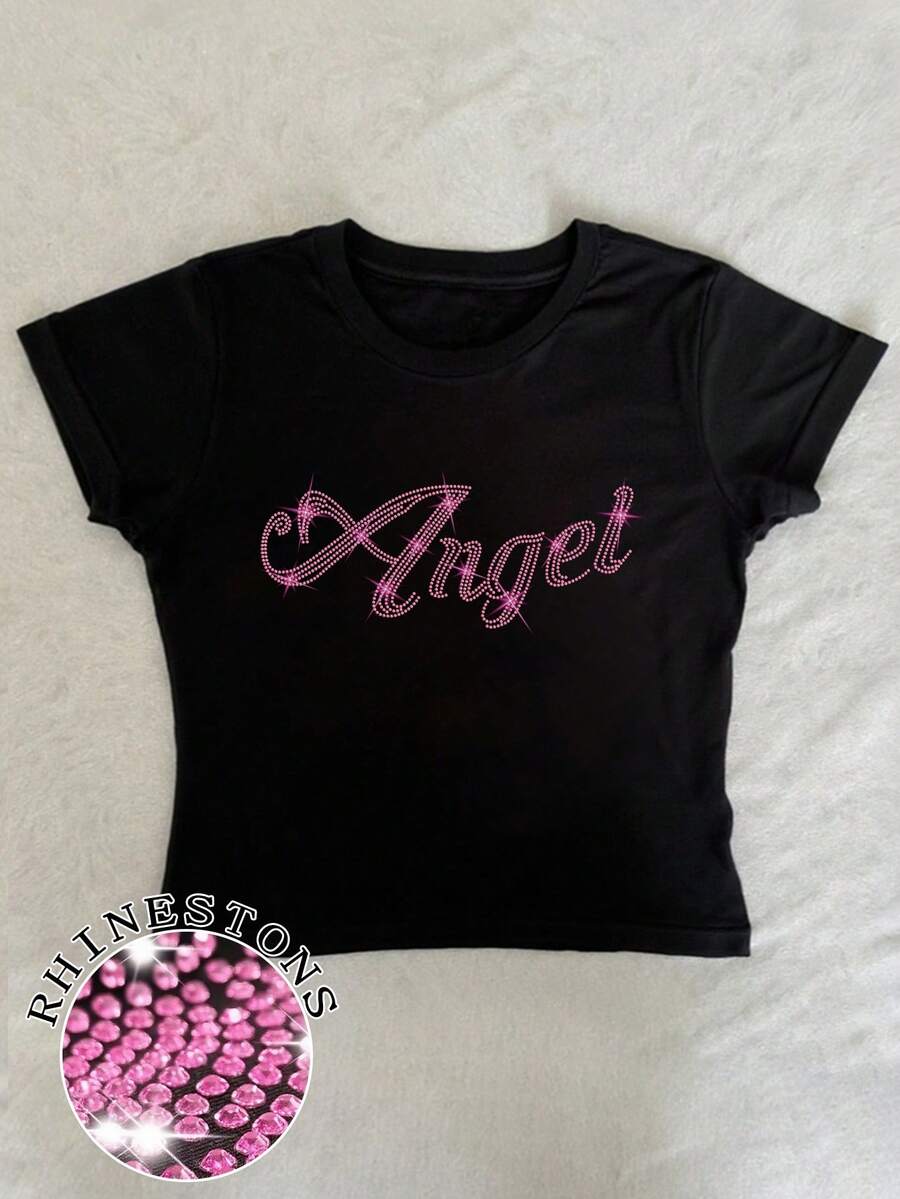 SHEIN Áo thun nữ dáng ngắn cổ tròn đính đá lấp lánh hình thiên thần, kiểu dáng thường ngày, thích hợp cho các hoạt động mùa hè. - màu đen - Xem 1