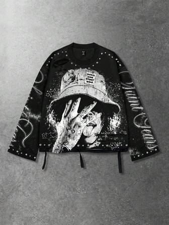 Street Life Camiseta de manga larga con cuello redondo para hombre, estilo vintage de calle con gráfico de santo desgastado