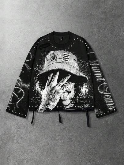 Street Life Vintage Streetstyle verwaschenes Saint Grafik Langarm Rundhals Herren T-Shirt