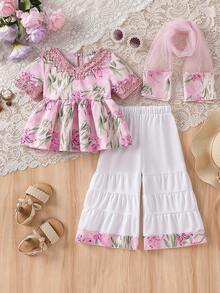 夏季新款时尚可爱女宝宝两件套：V领短袖荷叶边上衣+宽松A字喇叭裤，配围巾 - 粉色 - 查看 3