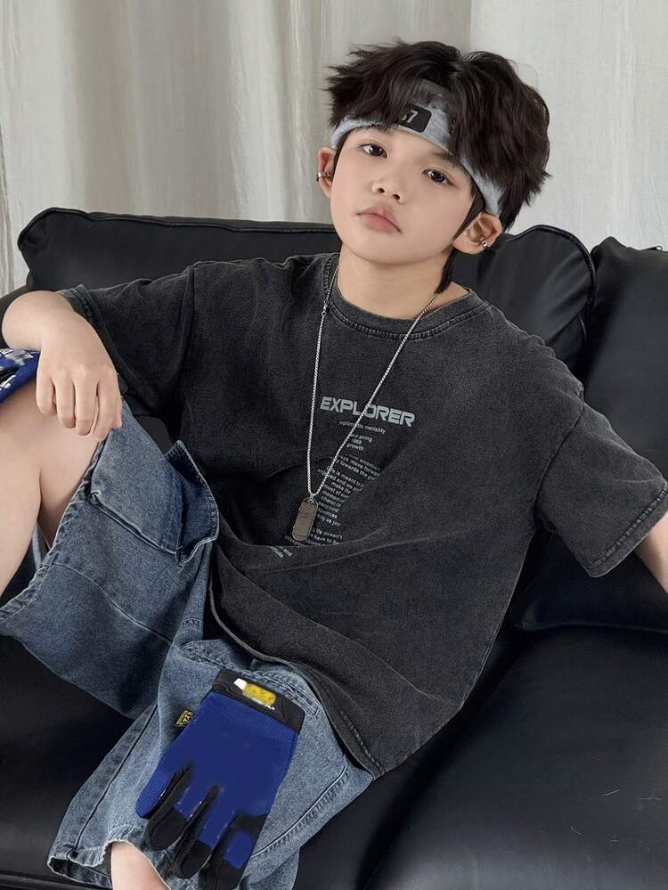 Tween Boy Slogan Print Round Neck Casual Versatile Daily Wear Short Sleeve T-Shirt Spring