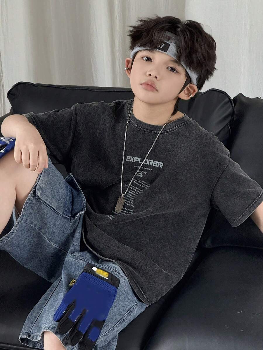 DAZY 青少年男童标语印花圆领休闲百搭日常短袖T恤 春季 - 灰色 - 查看 1