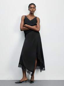 Maija Valentine's Day Wedding Guest For Women Birthday Women's Black Contrast Lace Asymmetric Hem Elegant & Fashionable Skirt Asymmetrical Skirt Black Skirt Spring - Multicolor - View 7