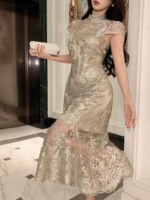 DAZY 女士优雅蕾丝全印花立领中长连衣裙，夏季