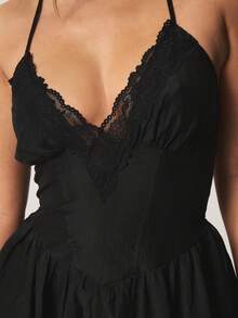 MISSGUIDED Lace Trim High Low Ruffle Hem Maxi Dress Sleeveless V-Neck Empire Waist Flowing Chiffon Evening Formal Cocktail Asymmetrical - Black - View 3