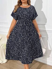 EMERY ROSE 大码女式印花褶皱连衣裙长款女装 - 藏蓝色 - 查看 1