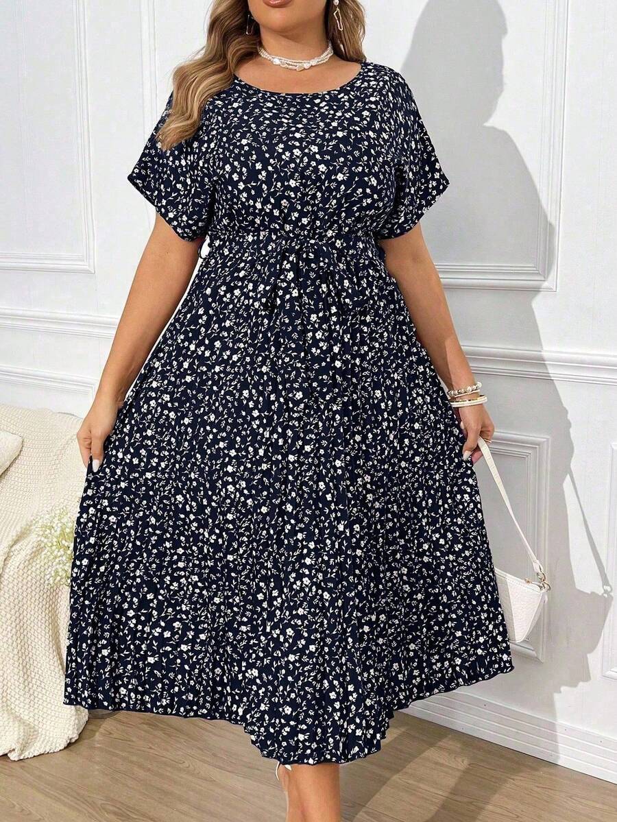 EMERY ROSE 大码女式印花褶皱连衣裙长款女装 - 藏蓝色 - 查看 1