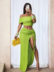 BamGleam 休闲度假性感单肩上衣搭配开衩鱼尾裙套装 - 橄欖綠 - 查看 4