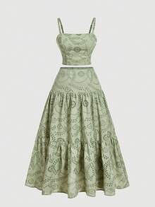 SHEIN MOD Plus Size Women's White Embroidered Maxi Dress 2-Piece Set, Boho Style Multi-Layered Ruffle Hem, Suitable For Dates, Holidays, Picnics, Beach Wear, Comfortable Outfit Light Green Women Set Green Eyelet Skirt And Top Sage Green Two Piece Two Piece Sundress Garden Party Outfit - Green - View 1