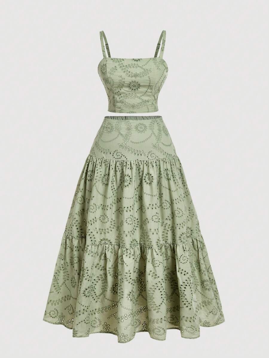 SHEIN MOD Plus Size Women's White Embroidered Maxi Dress 2-Piece Set, Boho Style Multi-Layered Ruffle Hem, Suitable For Dates, Holidays, Picnics, Beach Wear, Comfortable Outfit Light Green Women Set Green Eyelet Skirt And Top Sage Green Two Piece Two Piece Sundress Garden Party Outfit - Green - View 1