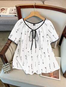 GlowEve CURVE Plus Size Women Floral Print Romantic Blouse, Versatile For Dating And Commuting, Spring/Summer - Black and White - View 1