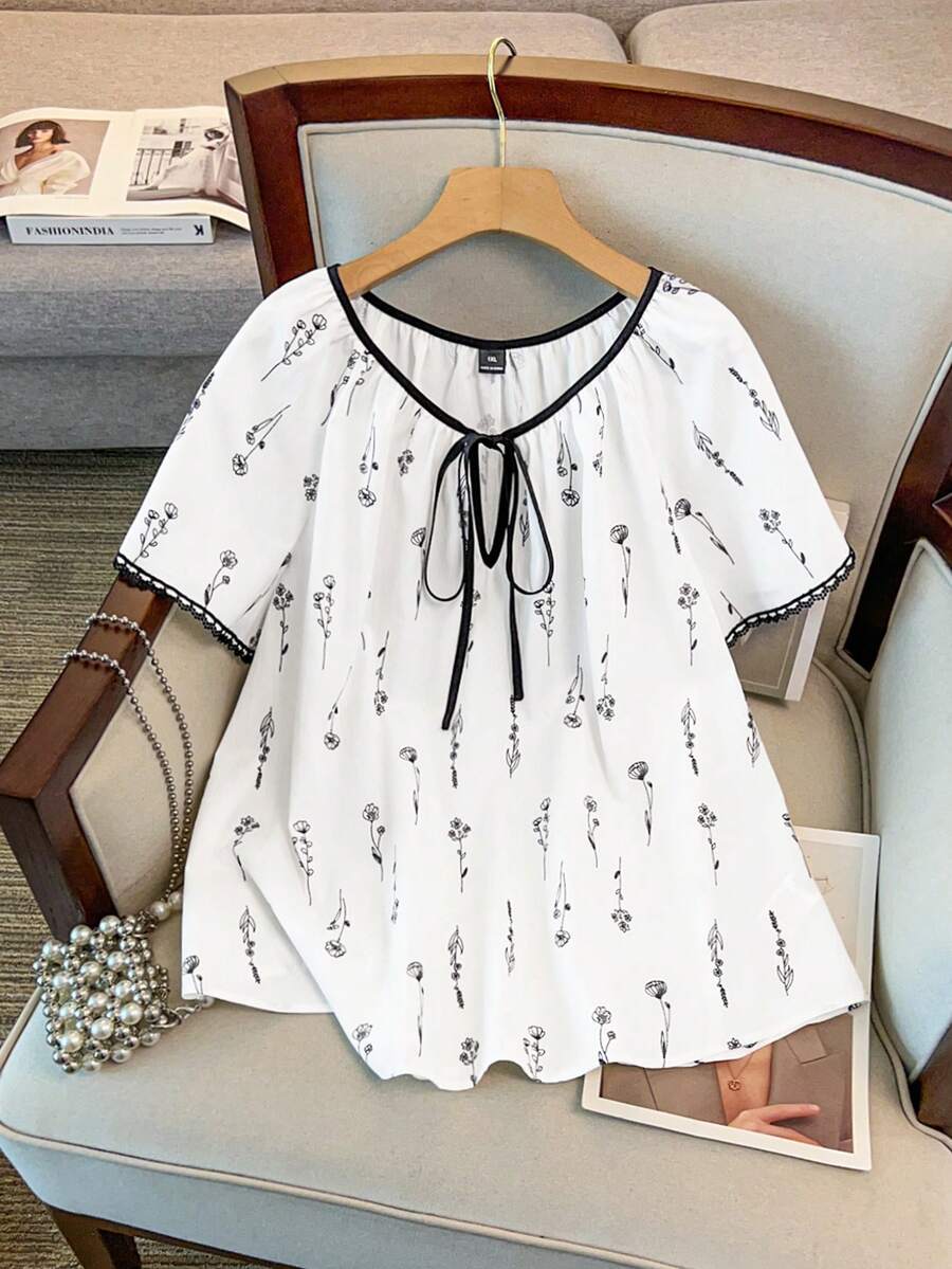 GlowEve CURVE Plus Size Women Floral Print Romantic Blouse, Versatile For Dating And Commuting, Spring/Summer - Black and White - View 1