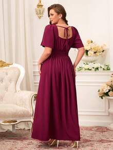Miaspire Đầm cỡ lớn màu trơn tay ngắn xẻ eo thanh lịch - Màu tím - Xem 2