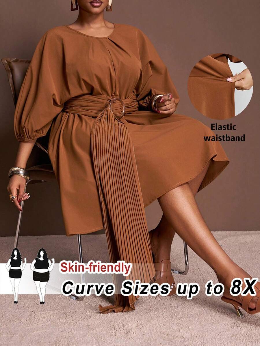 SHEIN CURVE+ 2025春夏初秋新款优雅通勤精致优雅派对约会毕业生日纯色棕色宽松灯笼袖抽绳腰褶皱豹纹纽扣A字加大码迷你连衣裙/2026/新年 - 棕色 - 查看 1