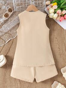 SHEIN Girls Back To School Summer Casual Elegant Pleated Knit Set Blazer Formal Apricot Matching - Khaki - View 2