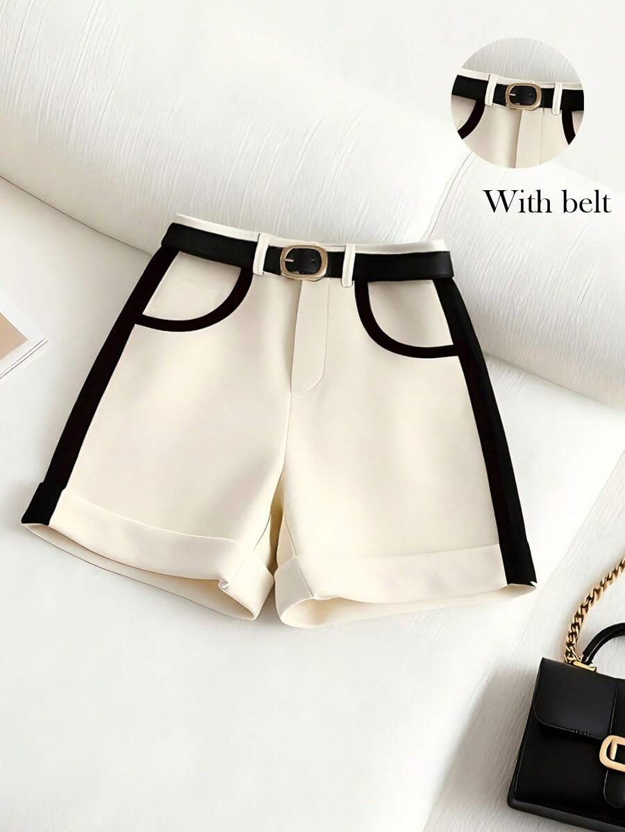 Franclia Elegant Women's High Waist Shorts With Belt,White And Black Color Block Patchwork,Wide Leg Casual Summer Shorts For Brunch,Business Office - Apricot - View 1