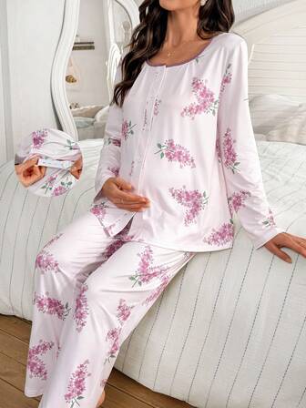 SHEIN 2pcs Floral Print Maternity Sleepwear Set With Snap Button Round Neck Long Sleeve Top And Long Pants, Casual