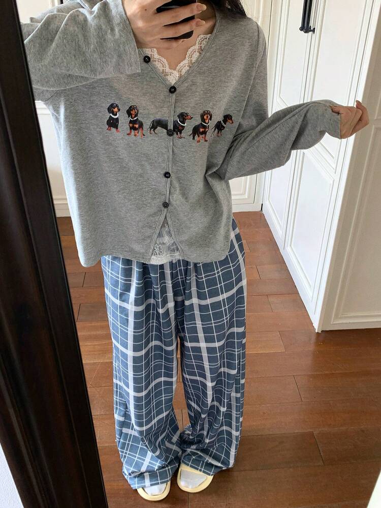 2pcs Women Puppy Pattern Lace Patchwork Cardigan & Plaid Loose Pants Pajama Set