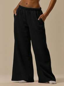 MUSERA ESSENTIALS Oversized Wide Leg Drawstring Joggers Casual Everyday Relaxed Basic Sweat - Black - View 2