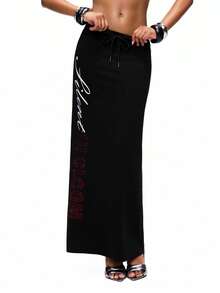 TypaGal Y2K Sexy Black Edgy Chic  Modern Rebel Wild  Women's Rhinestone Letter Graphic Drawstring Stick Diamond Waist Long Casual Skirt Spring Summer Valentine's Day Wedding  Going Out - Black - View 5