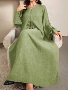 Al Najma 女士优雅宽松舒适蝴蝶结竹编连衣裙长款女装 - 綠色 - 查看 6