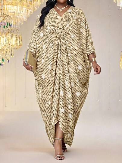 Fleurora Plus Size Fashionable Party Sequin Batwing Sleeve Dress