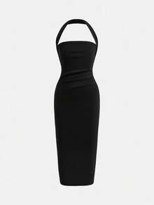 SHEIN Robe longue ajustée minimaliste élégante et décontractée pour préadolescentes, avec encolure ras-du-cou froncée et dos nu - Noir - Voir 4