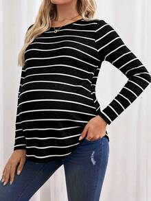 SHEIN Maternity Striped Button Back Butterfly Sleeve Curved Hem T-Shirt, Autumn - Black and White - View 4