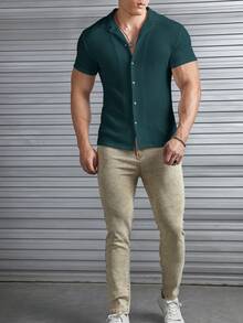 Manfinity VCAY Áo sơ mi nam tay ngắn, màu trơn, cài cúc phía trước, kiểu dáng thường ngày, đa năng. - Màu xanh lá cây đậm - Xem 4