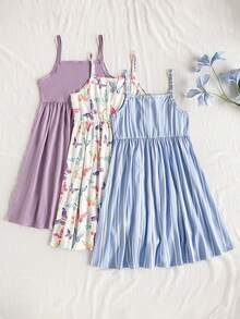 Vintaside Kids Girls' 3-Piece Camisole Dress Set, Elastic Leopard Print & Striped Sleeveless Dress, Perfect For Summer Vacation Parties With Multi-Color Casual Collars, Color Blocking, Leopard Print, Floral Prints, Camisole Vest Embellishment, Medium Elasticity - Multicolor - View 2