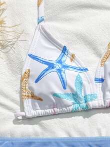 SHEIN Tween Girls 3 PiecesBikini Sets, Cute Knit Starfish & Ocean Themed Fabric, Fashionable Design, Modest Swimwear Suitable For Beach, Swimming, Vacation, Summer Summer Vacation Thermal Christmas Holiday Festival New Years Valentines Swim Tween Bathing Suits 3 Piece Set 3 Piece Swimsuit Set Girls Beach Sets Bikini Set With Sarong Skirt Starfish Print Bikini Set Swimwear With Tied Waist Girls Bikini Set With Sarong Skirt Starfish Print Swimsuit Starfish Print Swimwear