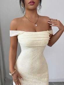 Modelyn Đầm dệt kim jacquard trễ vai thanh lịch dành cho nữ, xẻ tà, thích hợp cho tiệc tùng và kỳ nghỉ, mùa xuân/hè. - Màu be - Xem 4