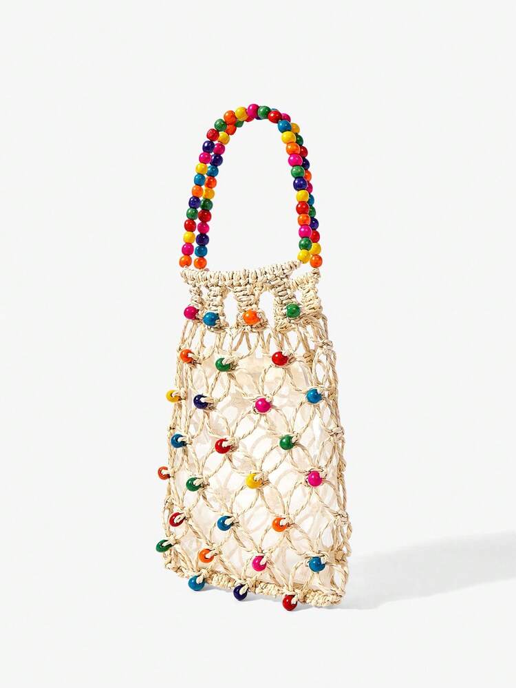MISSGUIDED Macrame Top Handle Bag With Colorful Wooden Beads