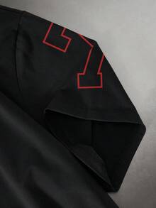Manfinity Hypemode 男士休闲字母数字印花短袖T恤，夏季款 - 黑色 - 查看 3