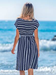 Sylviya Striped Print Belted Dress - Royal Blue - View 2