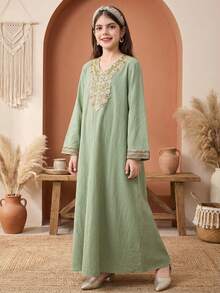 SHEIN رمضان جلابيه   Tween Girls' Casual Round Neck Short Sleeve Dress  الملابس التقليدية العربية - Green - View 10