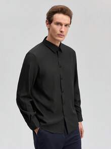 Officeau 男士正式纯色长袖单排扣衬衫，黑色衬衫，春夏款衬衫 - 黑色 - 查看 6