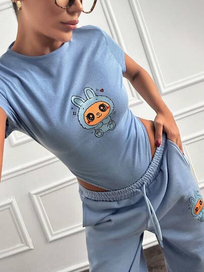 Cloudara Cute Loungewear Set, Logo Bodysuit, Oversized Joggers, Athleisure Set, Short Sleeve Body, Drawstring Sweatpants, Street Style, Monochromatic Comfort Blue 2 Piece Set Women Two Piece Set Women Short Sleeve Womens Blue Sweatsuit Bunny Graphic Loungewear Womens Casual Two Piece