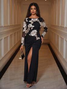 Eryvara 女士优雅性感修身网纱刺绣拼接高开衩连衣裙 - 黑色 - 查看 5