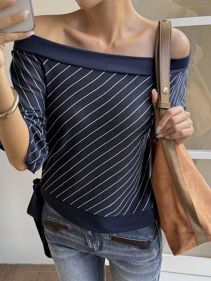 Livesso 修身露肩条纹拼接短款上衣,时尚商务休闲办公装,女士短袖T恤,春夏款 - 藏蓝色 - 查看 1