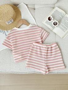 LMoss Kids 2pcs Baby Girl Knitted Striped Round Neck T-Shirt And Shorts Set