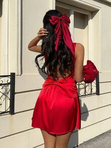 MainGRL Red Satin Square Neck Bow Decor Sleeveless Fashion Mini Dress Open Back For Women,Valentine's Day Bow Dress