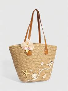 ROMWE Fairycore 1 pieza Bolso de playa de paja con diseño floral de gran capacidad, con decoración de concha, caracol, coral y perla con temática de vacaciones para mujer - Marrón claro - Ver 8