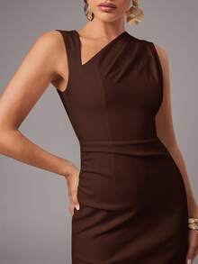 Silquee Vestido ajustado de unicolor con cuello asimétrico y drapeado, elegante - Café integral - Ver 7