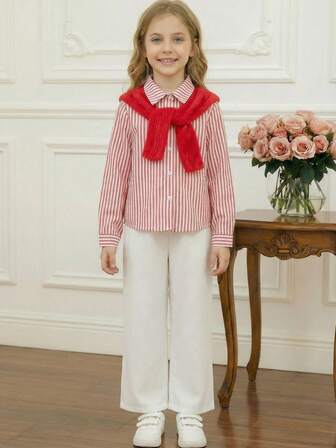 PrepCrw 3 delar elegant urban preppy casual klassisk röd- och vitrandig vävd krage med långärmad skjorta och vita byxor med röd fuskpälssjal, lämplig för skolstart, vardagliga utflykter, resor, sammankomster, helgdagar, fester, höst och vinter