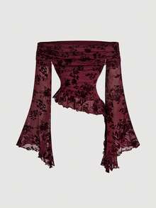 SHEIN MOD Áo thun nữ kiểu vintage trễ vai màu đỏ tía, chất liệu lưới jacquard, tay loe, vạt bất đối xứng, xếp nếp, thích hợp cho Ngày Valentine, trang phục lễ hội, đi biển, nghỉ mát, phong cách retro, vintage, áo đi chơi. - Màu Đỏ Sâu - Xem 3