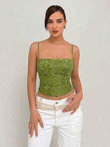 Aloruh 夏季新款绿色蕾丝露背系带吊带背心，浪漫约会装，波西米亚风亮片蕾丝吊带背心，适合返校、派对、海滩度假等场合 - 綠色 - 查看 3