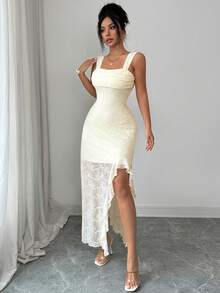 Modelyn Đầm dệt kim jacquard trễ vai thanh lịch dành cho nữ, xẻ tà, thích hợp cho tiệc tùng và kỳ nghỉ, mùa xuân/hè. - Màu be - Xem 8
