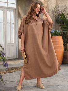 EMERY ROSE Plus Size Women's Casual Solid Color V-Neck Loose Dress, Summer,Vacation/Summer/Spring - Brown - View 5