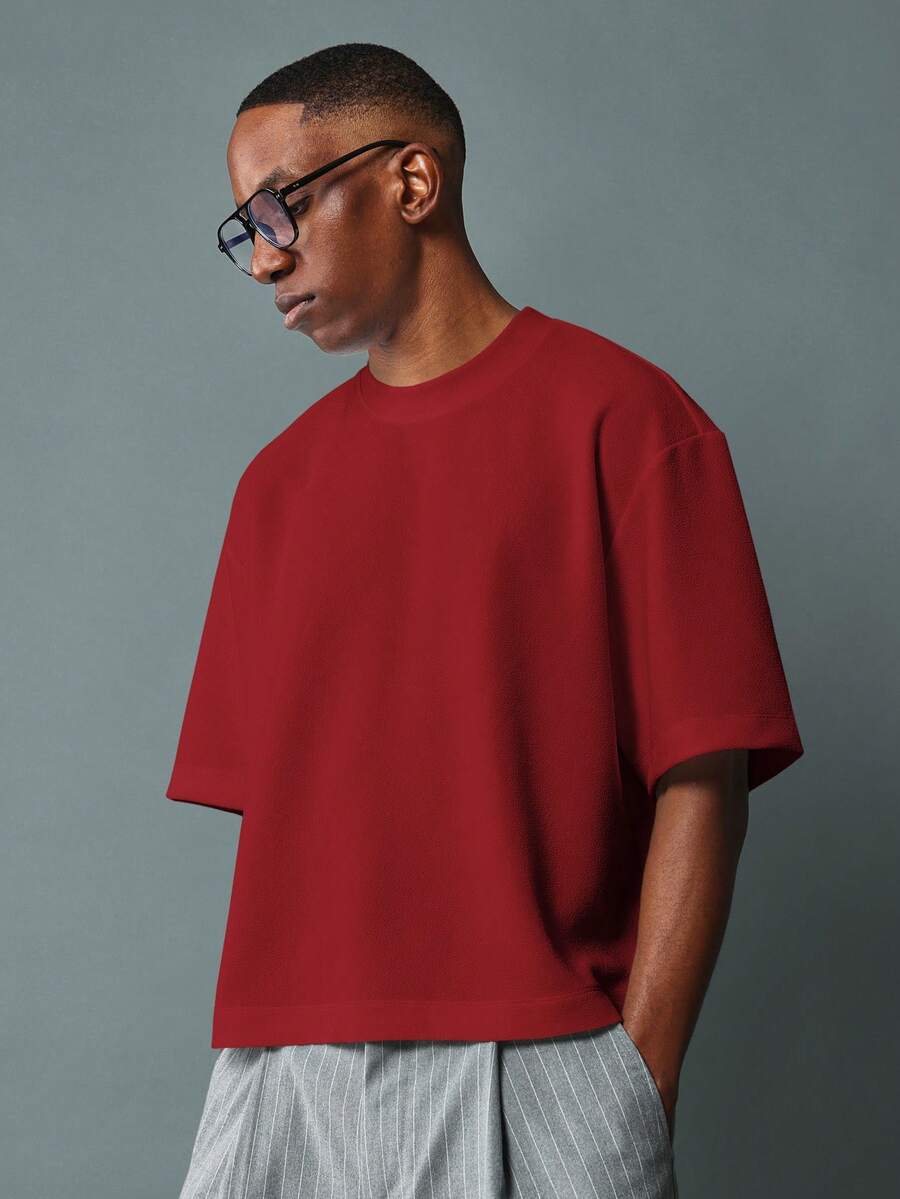 SUMWON Relaxed Crop Short Sleeve Crewneck Jersey Casual Summer Everyday Comfortable Oversized Drop Shoulder Basic Essential Plain - Red - View 1